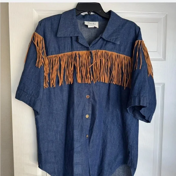 Robellas Vintage Denim Fringe Shirt - Large - Picture 4 of 5